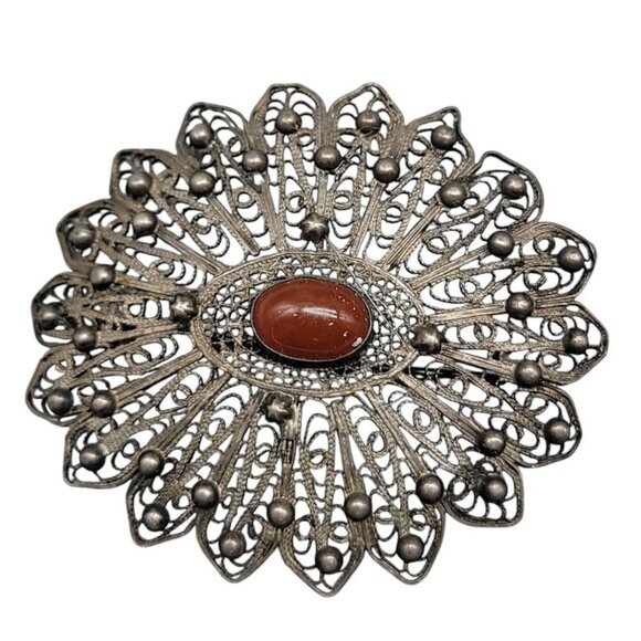 Antique Sterling Carnelian Filigree Brooch Large Oval Starburst Cabachon Gem - Picture 1 of 5